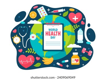 Ilustración del Vector del Día Mundial de la Salud el 7 de abril con la Tierra y el Equipo Médico para la Importancia del Estilo de Vida y Saludable en el Fondo de Caricatura