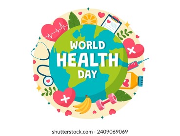 World Health Day Vector Illustration on April 7th with Earth and Medical Equipment for the Importance of Healthy and Lifestyle in Cartoon Background