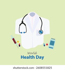 World Health Day vector, illustration. April 7. Concept design of Doctor coat, stethoscope, world globe, injection, medicines and capsules.