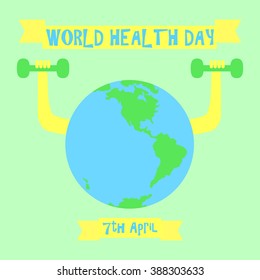 World health day vector illustration  with earth globe doing dumbbell training workout. Positive effect of sport, exercise and physical activity in disease prevention
