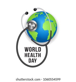 World health day. Vector medicine illustration with stethoscope and globe
