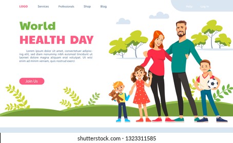 World health day. Website page with happy family. Active lifestyle, wholesome nutrition and sports. Creative landing page design template, web banner. Cartoon flat vector illustration