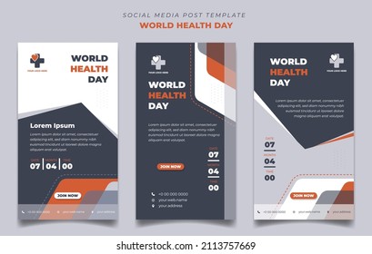 Día Mundial de la Salud con fondo de color blanco, naranja y gris oscuro con un diseño de forma simple. Conjunto de plantillas de publicación de medios sociales en diseño de retratos. Buena plantilla para el diseño de anuncios en línea.