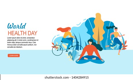 World Health Day. Woman Sport Training Outdoors Vector Illustration. Cartoon Girl Female Group Cycling. Running. Ride Bicycle. Meditation Yoga Sport Exersice. Nature Recreation Body Care