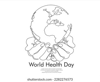 World health day.Single continuous line of hands holding  the globe. Earth globe in human hands.