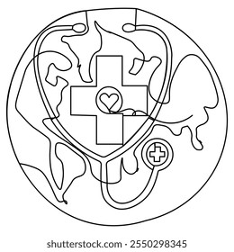 World health doctors day medical stethoscope  single line art, continuous one line drawing of  Isolated outline vector icon