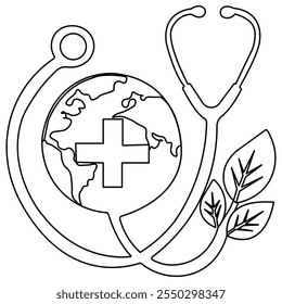 World health doctors day medical stethoscope  single line art, continuous one line drawing of  Isolated outline vector icon