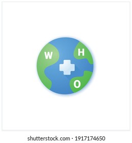  World health organization flat icon. Health care, worldwide medicine. Cure search, vaccine development. Stop coronavirus pandemic. Fight against Covid19 disease. 3d vector illustration