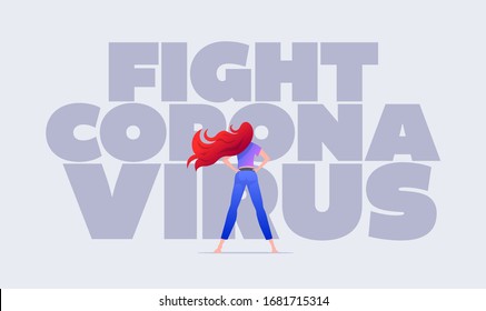 World Health organization. WHO. The girl is fighting the corona virus and staying at home. The girl is standing in front of the covid-19. Corona Virus. Vector Illustration.
