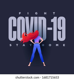 World Health organization. WHO. The girl is fighting the corona virus and staying at home. The girl is standing in front of the covid-19. Corona Virus. Vector Illustration.