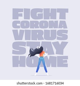 World Health organization. WHO. The girl is fighting the corona virus and staying at home. The girl is standing in front of the covid-19. Corona Virus. Vector Illustration.