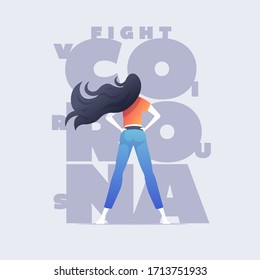 World Health organization. WHO. The girl is fighting the corona virus and staying at home. The girl is standing in front of the covid-19. Corona Virus. Vector Illustration.