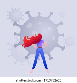 World Health organization. WHO, The girl is fighting the corona virus. The girl is standing in front of the covid-19 virus. Corona Virus. Vector Illustration.