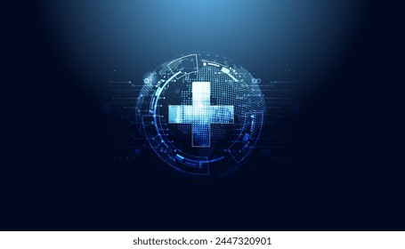 world and Health Plus On a blue background, the concept of health, self-care On digital background. Futuristic