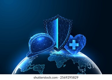 World Health and Safety at Work concept with glowing helmet, shield, and heart with cross symbol on Earth globe. Workplace protection, security, wellness. Futuristic low-poly style vector illustration