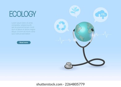 World health. Stethoscope check up globe health with carbon emission, recycle and green plant icons. Ecology, recycle, renewable energy for sustainable environment, climate change, global warming.