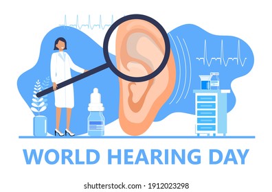 World hearing day concept vector for medical banner, web, app. Tiny doctor treats and examines patient ear. Otolaryngology health care illustration.