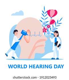 World hearing day concept vector for medical banner, web, app. Tiny doctors treat and examine patient ear, nose and throat. Otolaryngology health care illustration.