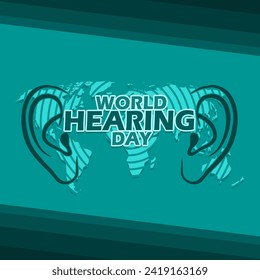 World Hearing Day event banner. Illustration of a pair of ears with sound waves and a world map, with bold text on turquoise background to commemorate on March 3