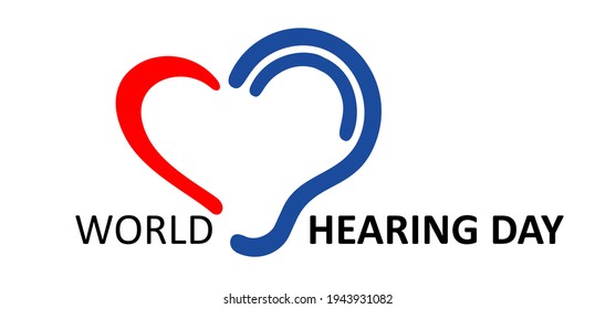 World hearing day. March 3. Symbol for deafness with love heart. Limited hearing. Ear hearing loss symbol. Ear icon. Flat vector signs. Deaf problem. Hearing loss impairment logo. 