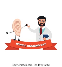 World Hearing Day poster doctor holding ear 