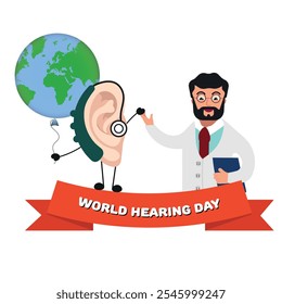 World Hearing Day poster ear with Hearing aids receiver device audiologist holding hand with doctor