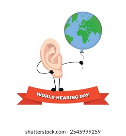 World Hearing Day poster Ear cartoon holding earth ballon