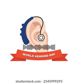 World Hearing Day poster with ear and Hearing aids receiver device audiologist