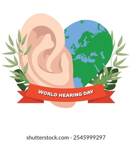 World Hearing Day poster with ear and Earth and green leaves