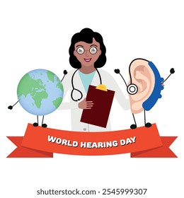 World Hearing Day poster with ear and earth and doctor