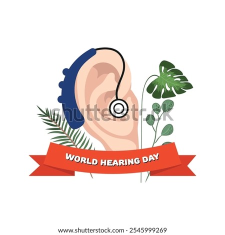 World Hearing Day poster with ear and green leaves