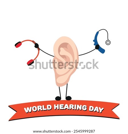 World Hearing Day poster ear with headphones and Hearing aids receiver device audiologist
