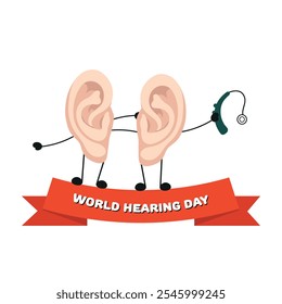 World Hearing Day poster two ears are hugging each other with Hearing aids receiver device audiologist