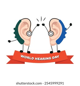 World Hearing Day poster two ears are giving hi five with Hearing aids receiver device audiologist 