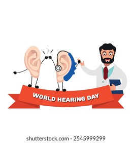 World Hearing Day poster two ear giving hi five with doctor