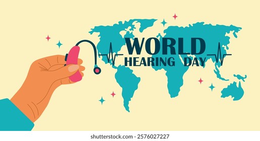 World Hearing Day poster. Vector illustration of world map with hand holding hearing aid. Concept of drawing attention to hearing problems