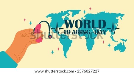World Hearing Day poster. Vector illustration of world map with hand holding hearing aid. Concept of drawing attention to hearing problems