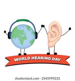 World Hearing Day poster word earth with headphones with ear