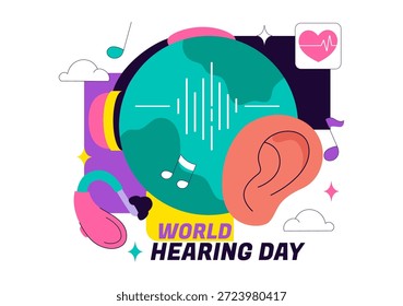 Ilustración vectorial Del Día Mundial De La Audición El 3 De Marzo Para Promover La Sensibilización Sobre La Prevención De La Sordera Y El Tratamiento De La Salud Del Oído En Fondo Plano