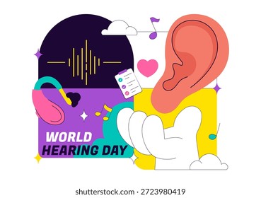 Ilustración vectorial Del Día Mundial De La Audición El 3 De Marzo Para Promover La Sensibilización Sobre La Prevención De La Sordera Y El Tratamiento De La Salud Del Oído En Fondo Plano