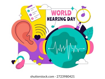 Ilustración vectorial Del Día Mundial De La Audición El 3 De Marzo Para Promover La Sensibilización Sobre La Prevención De La Sordera Y El Tratamiento De La Salud Del Oído En Fondo Plano