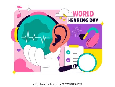Ilustración vectorial Del Día Mundial De La Audición El 3 De Marzo Para Promover La Sensibilización Sobre La Prevención De La Sordera Y El Tratamiento De La Salud Del Oído En Fondo Plano