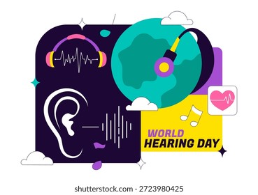 Ilustración vectorial Del Día Mundial De La Audición El 3 De Marzo Para Promover La Sensibilización Sobre La Prevención De La Sordera Y El Tratamiento De La Salud Del Oído En Fondo Plano