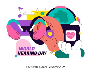 Ilustración vectorial Del Día Mundial De La Audición El 3 De Marzo Para Promover La Sensibilización Sobre La Prevención De La Sordera Y El Tratamiento De La Salud Del Oído En Fondo Plano
