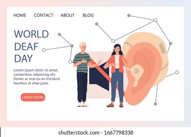 World hearing day web banner or landing page. People with hearing aid. Young disabled deaf-mute man and woman talk to each other using sign language. Flat vector illustration