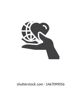 World heart care vector icon. filled flat sign for mobile concept and web design. Hand with globe and heart glyph icon. Symbol, logo illustration. Vector graphics