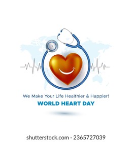 World Heart Day awareness poster. Heart care clinic center concept. Stethoscope with 3d Happy Heart logo design.