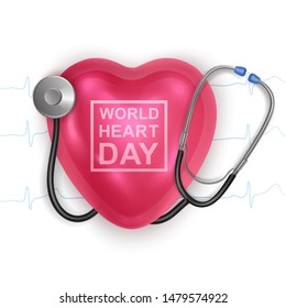World Heart Day Background. 3D brilliant heart with World Heart Day label. Medical awareness day concept, Vector EPS 10 illustration
