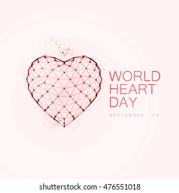 World Heart Day Background. 3D wireframe heart shape with World Heart Day Label. Vector illustration. Medical awareness day concept