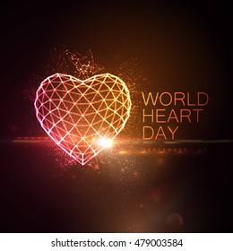 World Heart Day Background. 3D illuminated neon heart of glowing particles, wireframe, lens flare light effect, World Heart Day 29 September label. Vector illustration. Medical awareness day concept